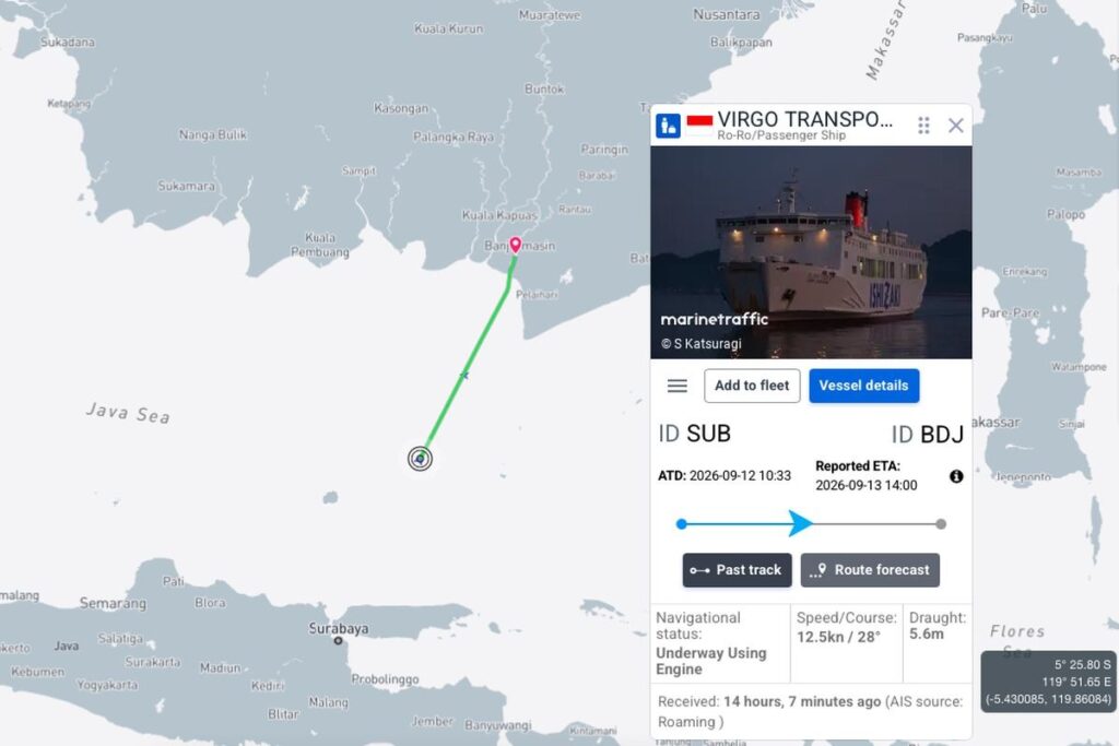 Tangkapan layar dari Marine Traffic Titik terkahir KM Virgo Transport 8 terdeteksi sebelum hilang kontak di Laut Jawa.(Tangkapan Layar Marine Traffic)