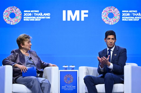 The IMF’s managing director, Kristalina Georgieva (left), speaks with the Federal Reserve chair, Kevin Warsh, at an IMF fireside chat in Bangkok. Photograph: Lillian Suwanrumpha/AFP/Getty