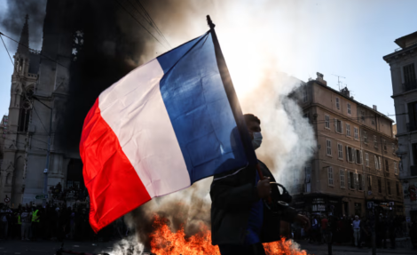 A protester in Marseille. Violence in France escalated over the weekend with riots seen in Paris. THIBAUD MORITZ/AGENCE FRANCE-PRESSE/GETTY IMAGES