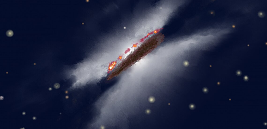 Gomez's Hamburger System. This artist's impression of the Gomez's Hamburger system shows the stacked layers of gas and dust as they rotate around a young star. ALMA observations reveal a direct view of its vertical structure at millimeter wavelengths, allowing astronomers to map the location of the millimeter-sized dust grains and several different gas-phase molecules, which have arranged themselves into distinct levels. Credit: NSF/AUI/NSF NRAO/P. Vosteen.