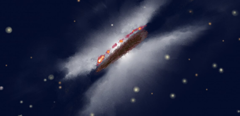Gomez's Hamburger System. This artist's impression of the Gomez's Hamburger system shows the stacked layers of gas and dust as they rotate around a young star. ALMA observations reveal a direct view of its vertical structure at millimeter wavelengths, allowing astronomers to map the location of the millimeter-sized dust grains and several different gas-phase molecules, which have arranged themselves into distinct levels. Credit: NSF/AUI/NSF NRAO/P. Vosteen.