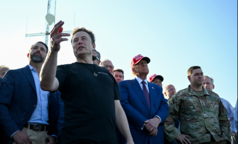 Elon Musk speaks with guests at a viewing of the launch of the sixth test flight of the SpaceX Starship rocket on November 19, 2024 in Brownsville, Texas. Brandon Bell/Getty Images