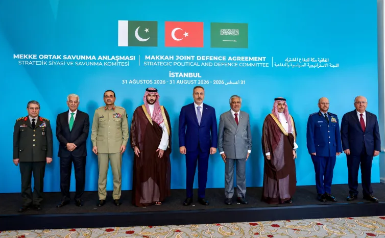 Leaders and representatives of member countries before the first committee meeting of the Mecca Joint Defence Agreement in Istanbul, Turkiye, on August 31, 2026 [Murad Sezer/Reuters]