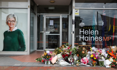 Floral tributes outside the offices of Australian lawmaker Helen Haines in Wangaratta on Wednesday.Martin Keep / AFP via Getty