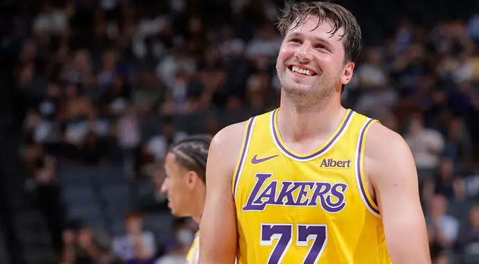 Luka Doncic of the Los Angeles Lakers looks on during a 2026 NBA preseason game against the Sacramento Kings on Oct. 5 at Golden 1 Center in Sacramento, Calif. (NBAE via Getty Images)