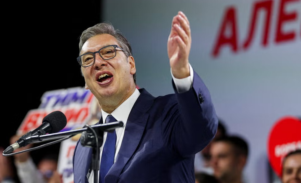 Aleksandar Vucic addressing supporters at a rally in Novi Sad, Serbia, last Friday.Credit...Marko Djurica/Reuters