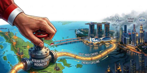 Ilustrasi geopolitik pemangkasan pasokan gas Indonesia dan ketergantungan struktural energi Singapura. Gambar: Gemini/TW