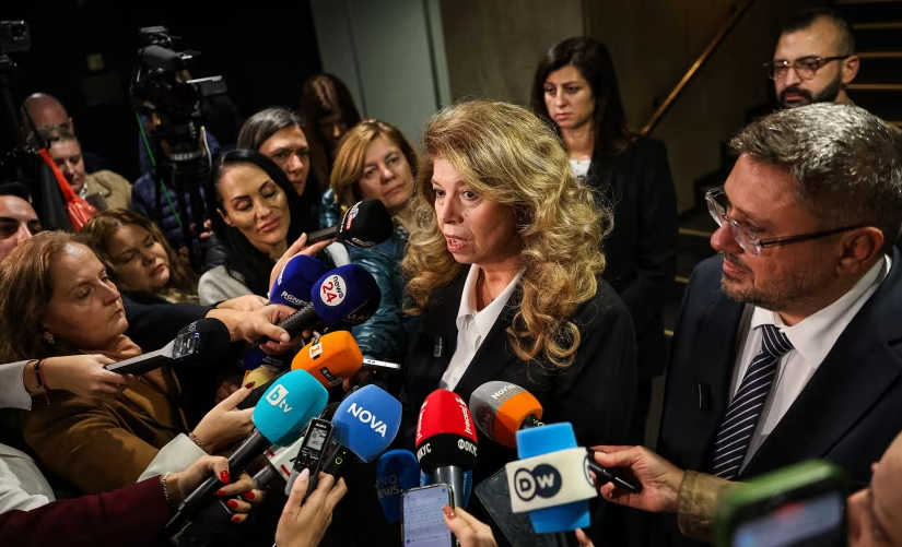Bulgarian President Iliana Yotova speaks to the media after the polls closed in the country s presidential election in Sofia, Bulgaria, on October 25. Daniel Yovkov/Hans Lucas/AFP/Getty Images