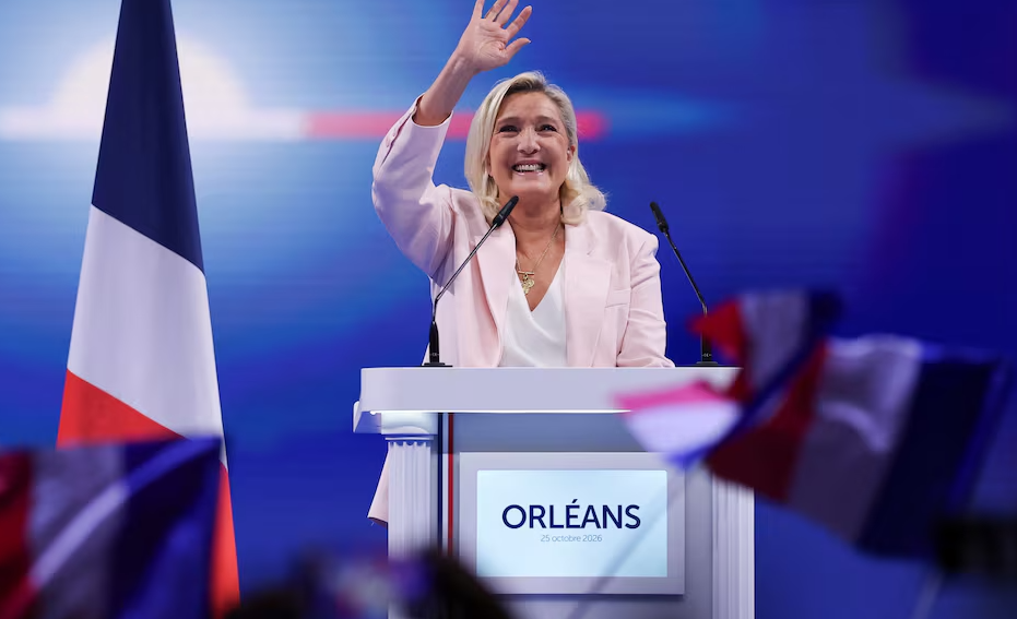 French far-right leader Marine Le Pen, member of parliament from the French far-right Rassemblement National (National Rally - RN) party and candidate for the 2027 French presidential election, delivers a speech during a political rally to launch the presidential campaign, after the party's