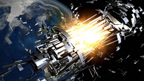 An illustration of a satellite breaking apart in Earth orbit. Credit: ESA