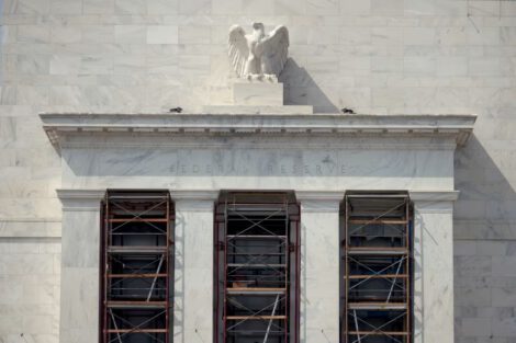 A marble American eagle sculpture sits atop the Marriner S. Eccles Federal Reserve Board Building in Washington, DC, on August 13. Alex Wong/Getty Images