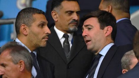 Man City chairman Khaldoon Al Mubarak (left) chats to Andy Burnham in 2019 at the Etihad Stadium, when he was mayor of Greater Manchester