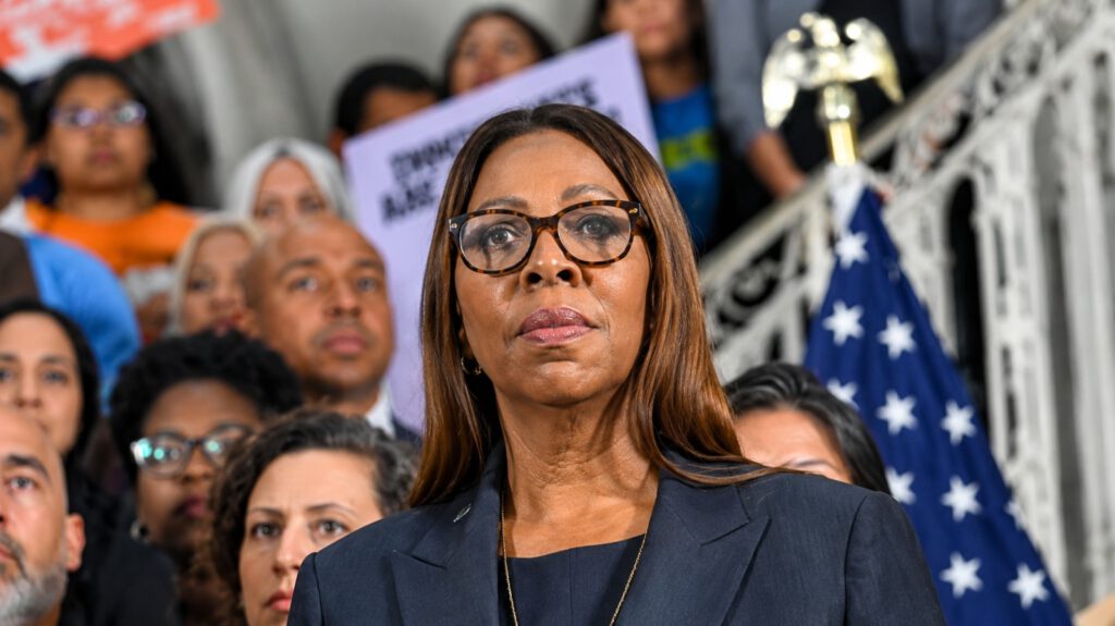 New York attorney general Letitia James speaking at a press conference at City Hall in New York City last month. Photograph: Michael Brochstein/ZUMA Press Wire/Shutterstock
