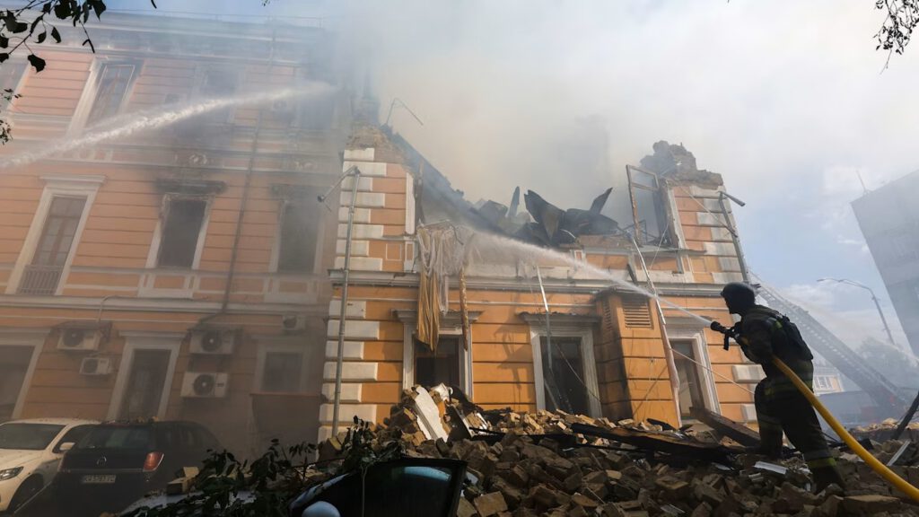 The aftermath of a Russian strike in Kyiv on Monday. Ukraine says urgent funding is needed to counter Moscow’s aerial attacks © Sergey Dolzhenko/EPA/Shutterstock