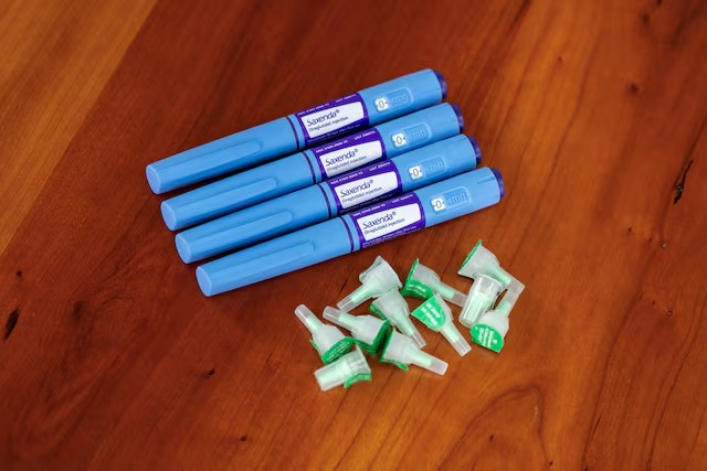 A selection of injector pens for the Saxenda weight loss drug are shown in this photo illustration in Chicago, Illinois, U.S., March 31, 2023. REUTERS/Jim Vondruska/Illustration