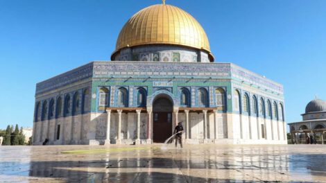 An Islamic Waqf member cleans the area outside the Dome of the Rock, at Al-Aqsa compound, in Jerusalem, September 13, 2026. (photo credit: REUTERS/SINAN ABU MAYZER)