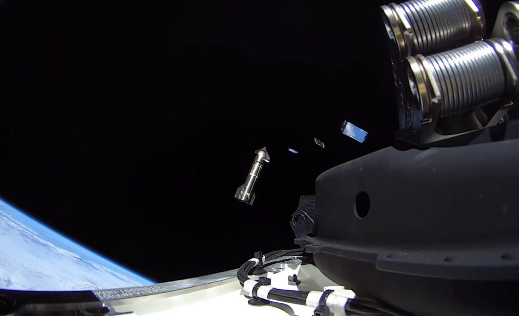 The first batch upgraded Starlink V3 satellites deploy from SpaceX's Starship rocket in low-Earth orbit on September 28. Credit: SpaceX