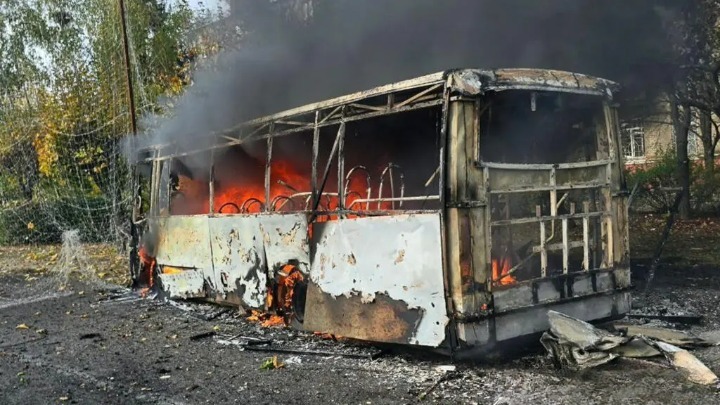 Cover image: A bus burns following a Russian air strike in the city of Kramatorsk, in Ukraine's eastern Donetsk region, on October 8, 2026. © National Police of Ukraine via Reuters