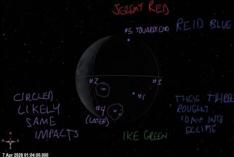 A crew annotated image showing where the Artemis II team observed impact flashes on the dark side of the Moon. Image: NASA