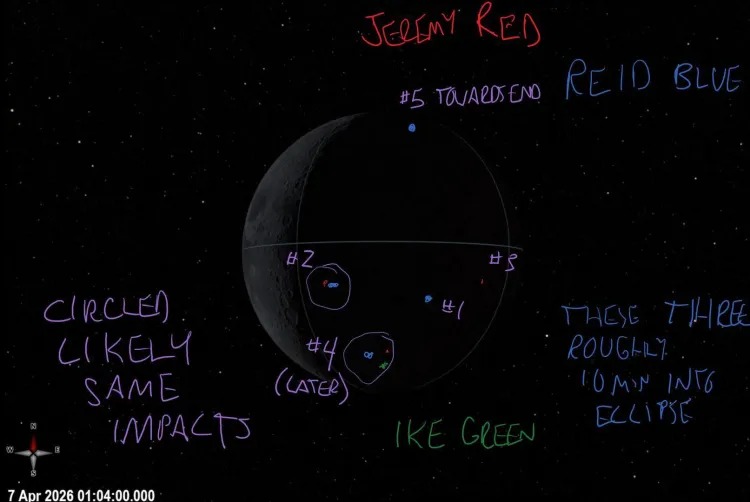 A crew annotated image showing where the Artemis II team observed impact flashes on the dark side of the Moon. Image: NASA