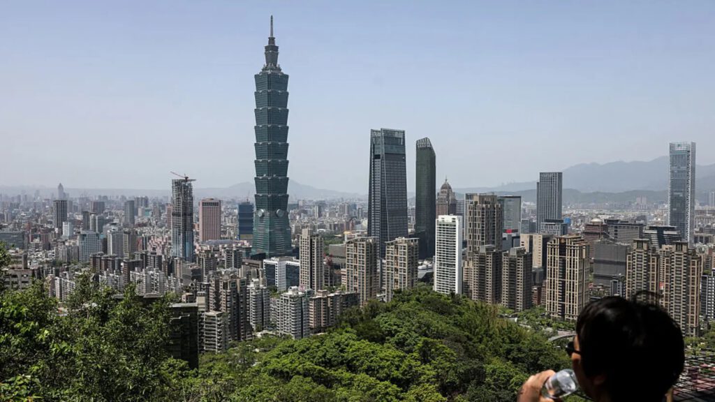 The city skyline is seen with the landmark Taipei 101 building from a lookout point on Elephant Mountain in Taipei on April 14, 2025. (Photo by I-Hwa Cheng / AFP) (Photo by I-HWA CHENG/AFP via Getty Images)