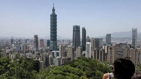 The city skyline is seen with the landmark Taipei 101 building from a lookout point on Elephant Mountain in Taipei on April 14, 2025. (Photo by I-Hwa Cheng / AFP) (Photo by I-HWA CHENG/AFP via Getty Images)
