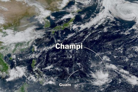 Satellite imagery captures Tropical Depression Champi about 1,000 miles east of Guam on Thursday. (Ben Noll/The Washington Post; JMA/Himawari-9)