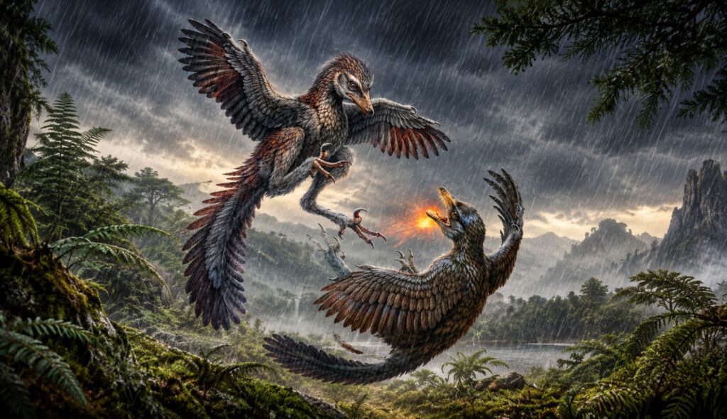 This life reconstruction shows the crow-sized Jurassic bird Yuezhuornis yangyuanensis, whose fossilized remains were discovered in Fujian Province in southeastern China, in this image released on October 14, 2026. Chung-Tat Cheung/Handout via REUTERS