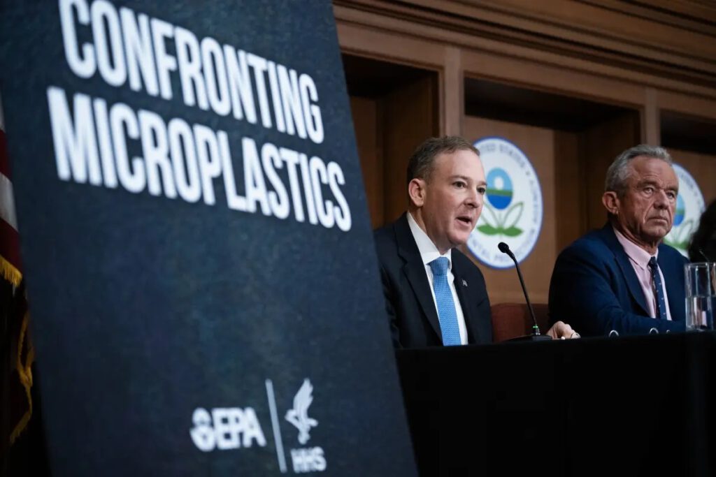 Environmental Protection Agency Administrator Lee Zeldin, left, and Department of Health and Human Services Secretary Robert F. Kennedy Jr. announce microplastics and pharmaceuticals will be listed as contaminants in drinking water, Washington, April 2, 2026. (Tom Williams / CQ-Roll Call Inc. via Getty Images)