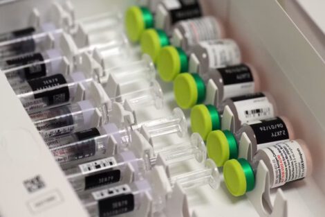 Doses of the measles, mumps, and rubella vaccine (MMR) are displayed in a box on Sept. 9, 2025. MMR vaccination rates in Minnesota have been falling in recent years, and confirmed cases of measles are now rising. (Rebecca Blackwell/The Associated Press)