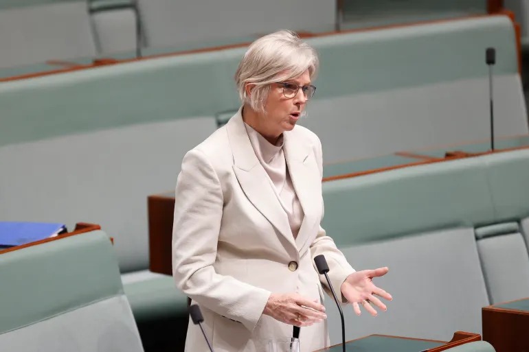 Independent MP for Indi, Helen Haines, asks a question in Australian Parliament, in Canberra, October 9, 2025 [Hilary Wardhaugh/Getty Images]
