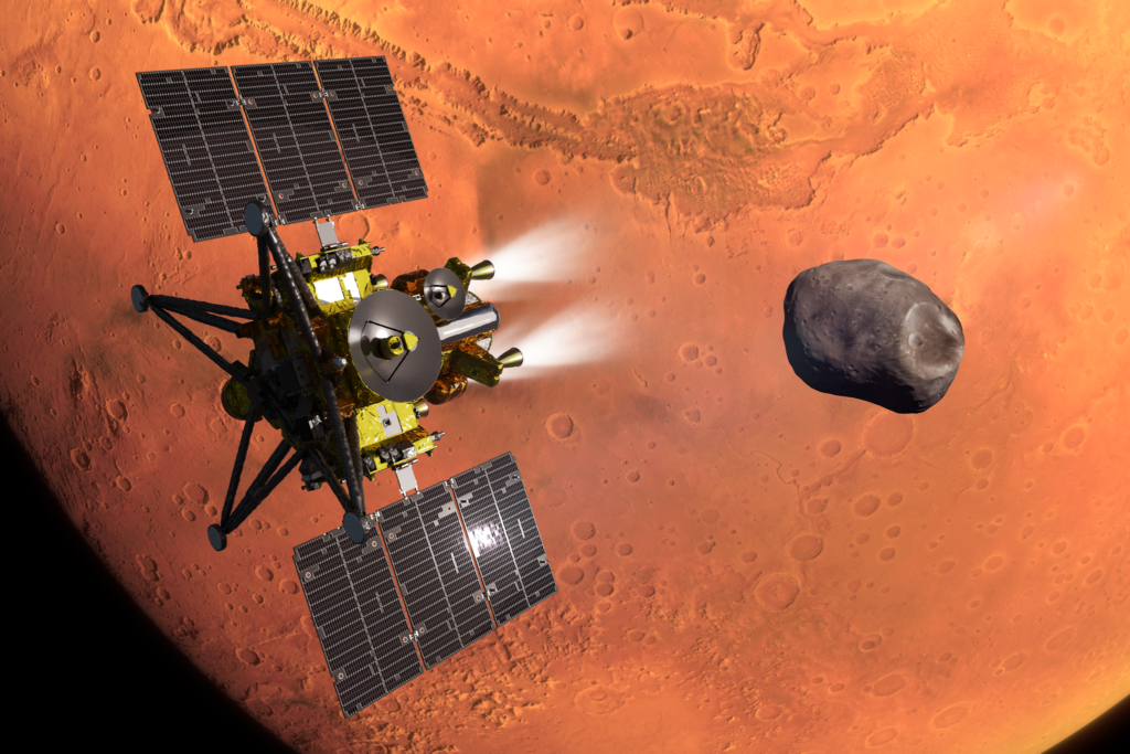 An artist’s concept of JAXA’s MMX spacecraft during its Mars’ orbit insertion. The Martian moon Phobos, which MMX will explore and sample, is in the background. JAXA